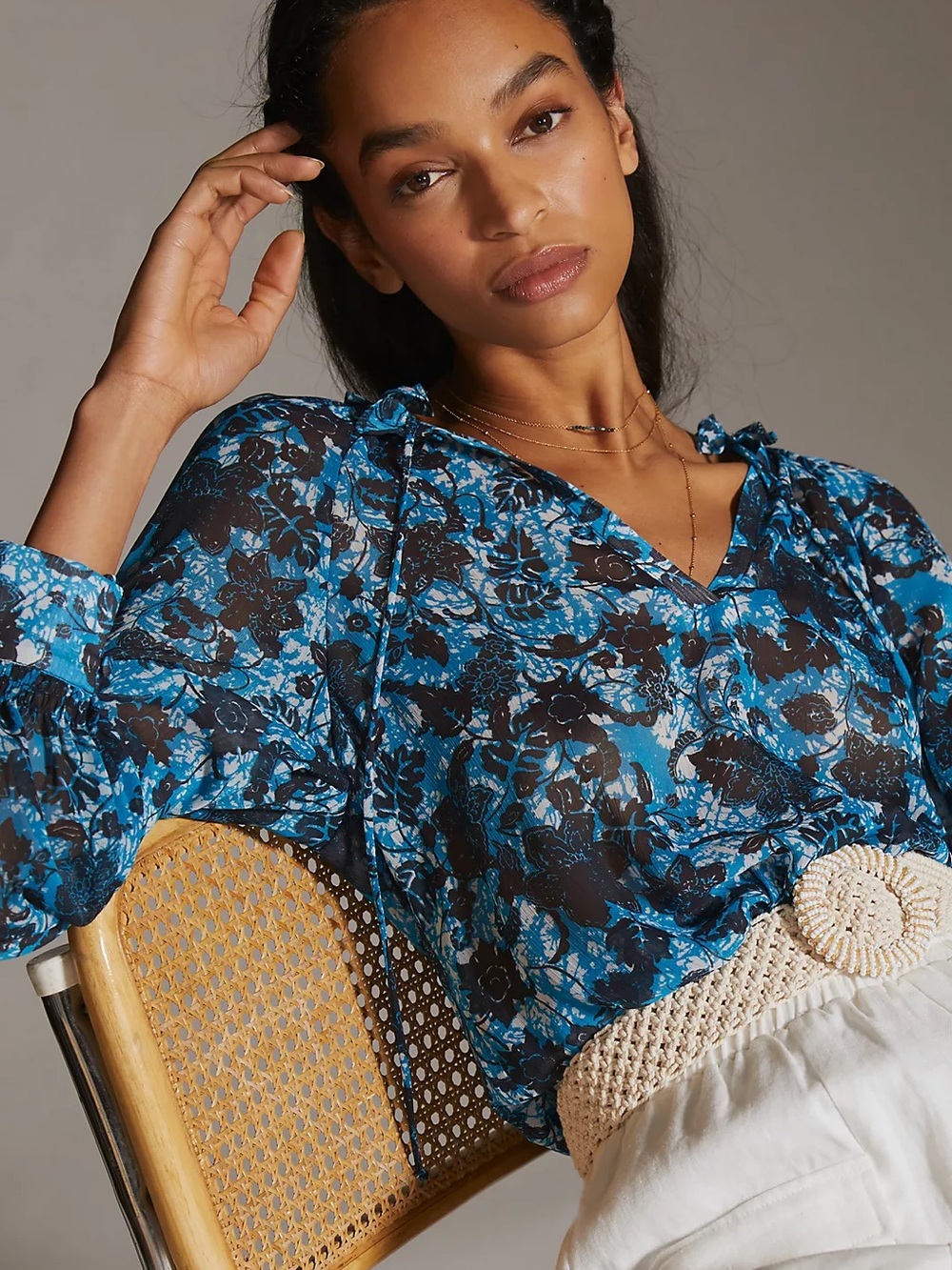 Sheer Printed Peasant Blouse